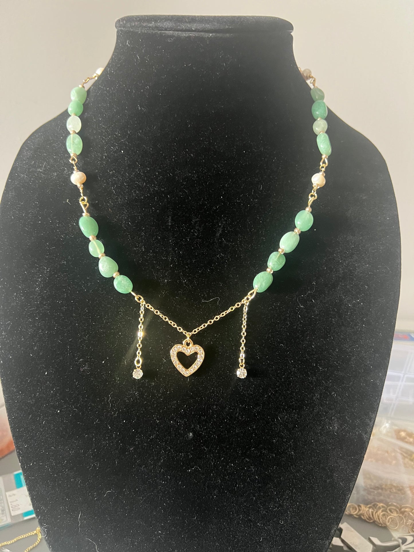 Aventurine Heart Necklace – Handmade Gemstone & Pearl Necklace