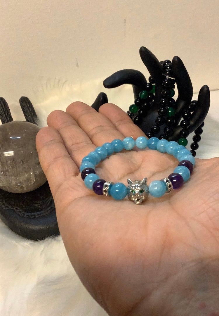 Wolf head 🐺 (crystal bracelet aquamarine & amethyst)