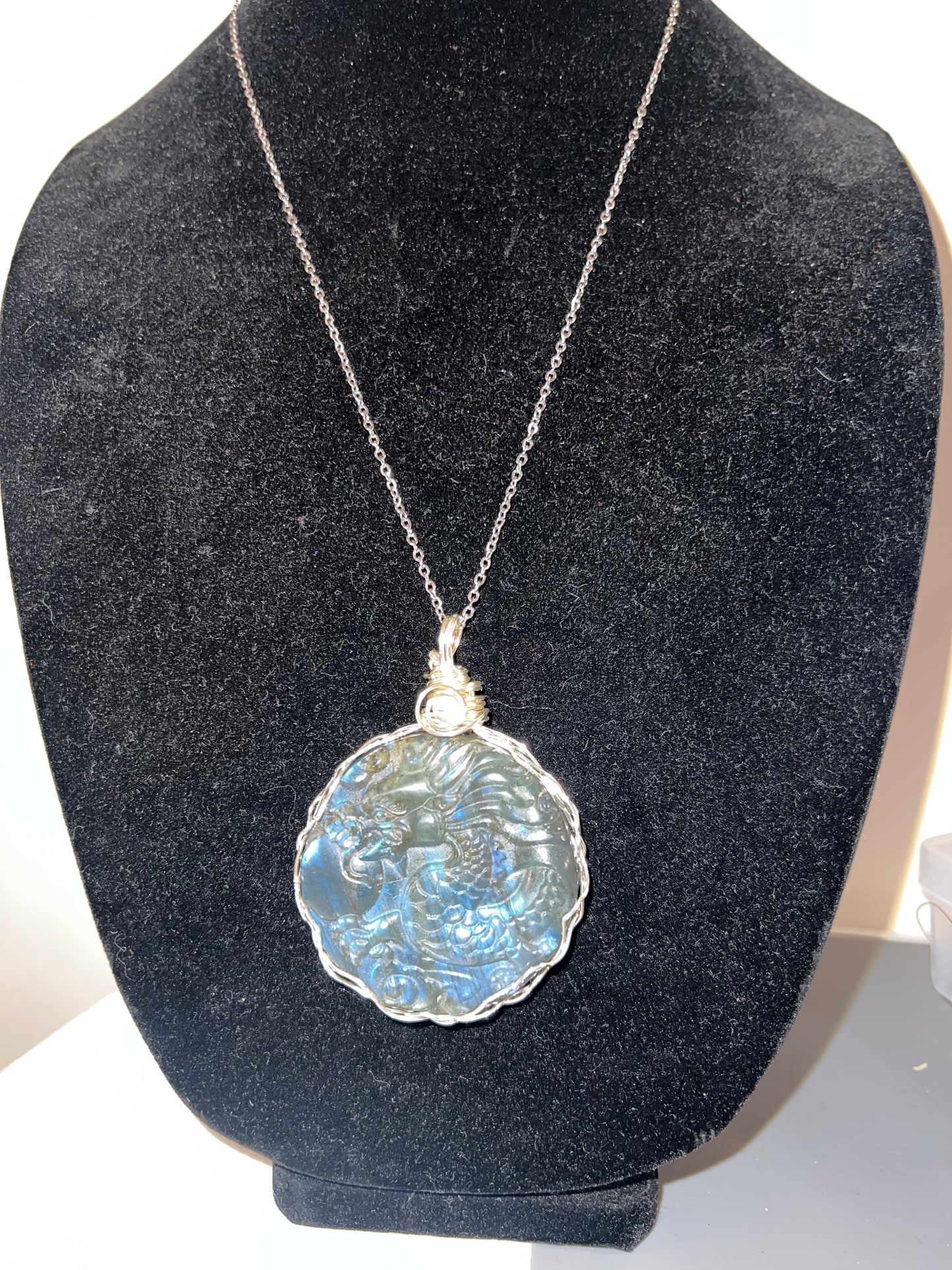 Dragon Carved Labradorite Necklace (Silver Wire Wrap)