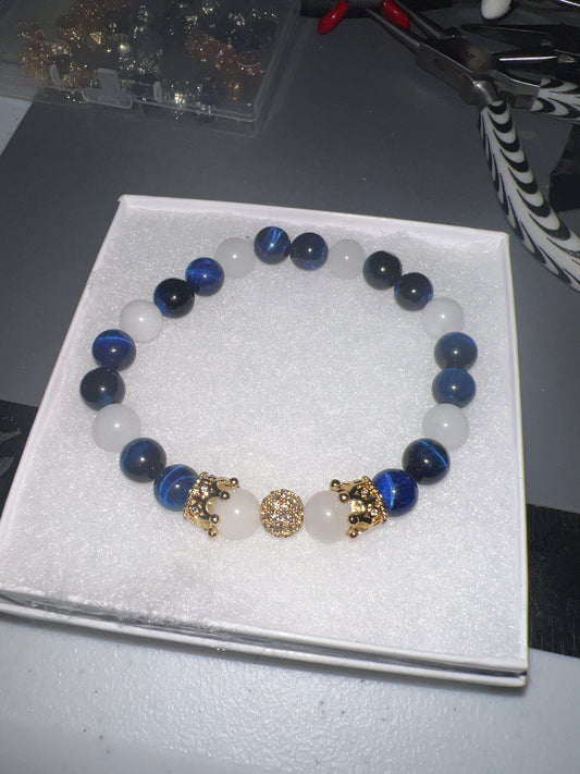 Royalty Collection — Blue Tiger’s Eye & White Jade Bracelet