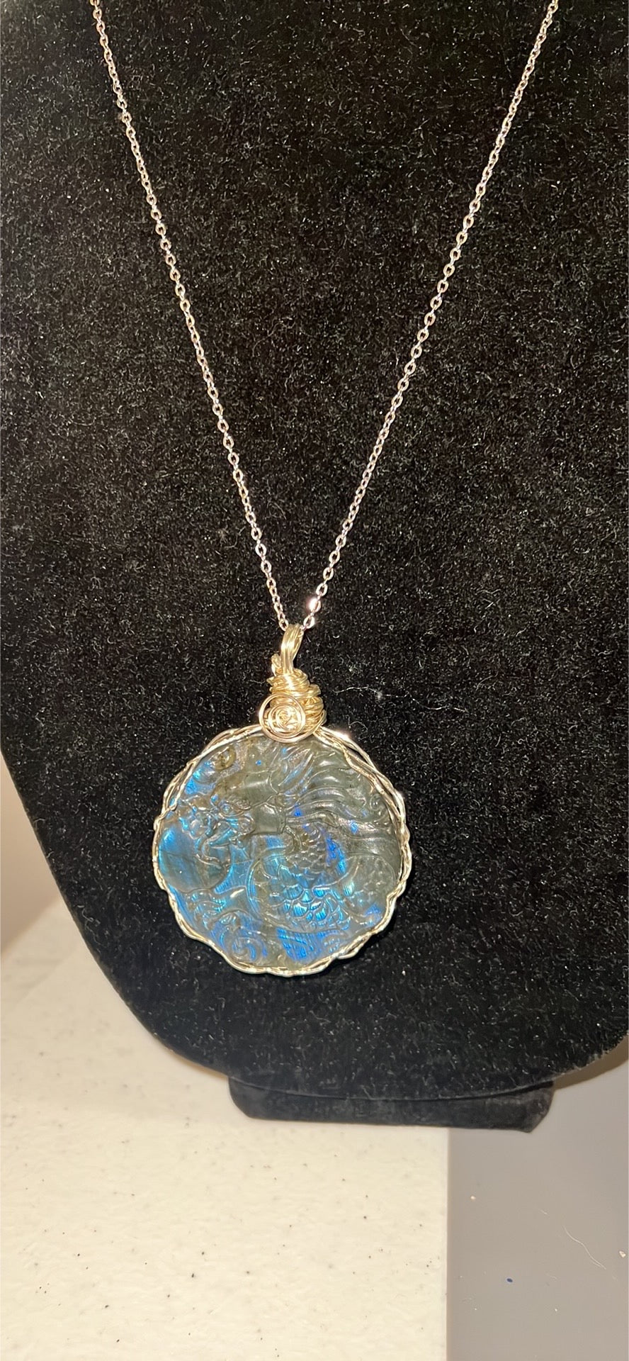 Dragon Carved Labradorite Necklace (Silver Wire Wrap)