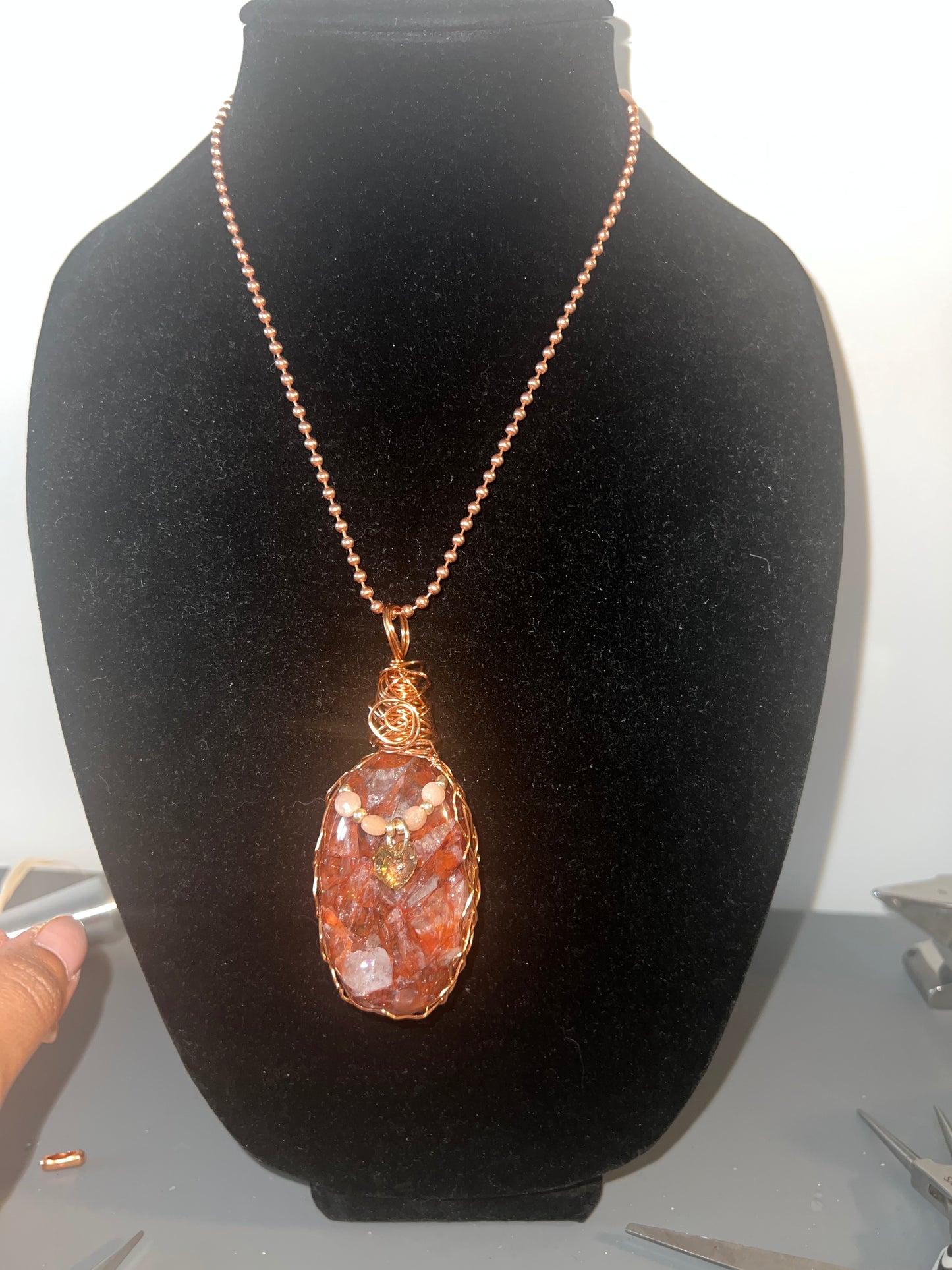 Fire Quartz Crystal Necklace – Handmade Copper Wire Wrapped Protection Pendant