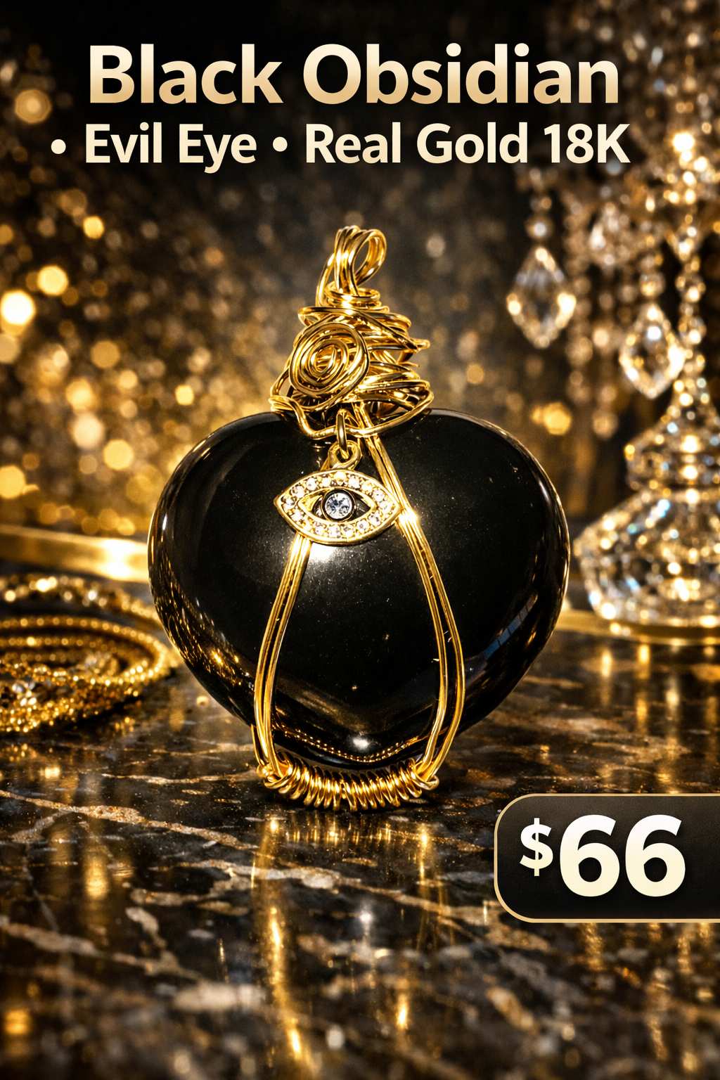 Black Obsidian Evil Eye Heart Pendant (18K Gold Wrap)
