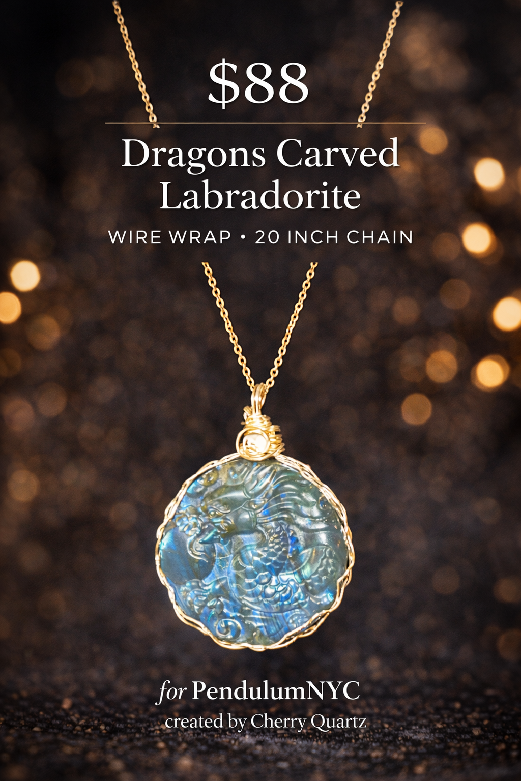 Dragon Carved Labradorite Necklace (Silver Wire Wrap)