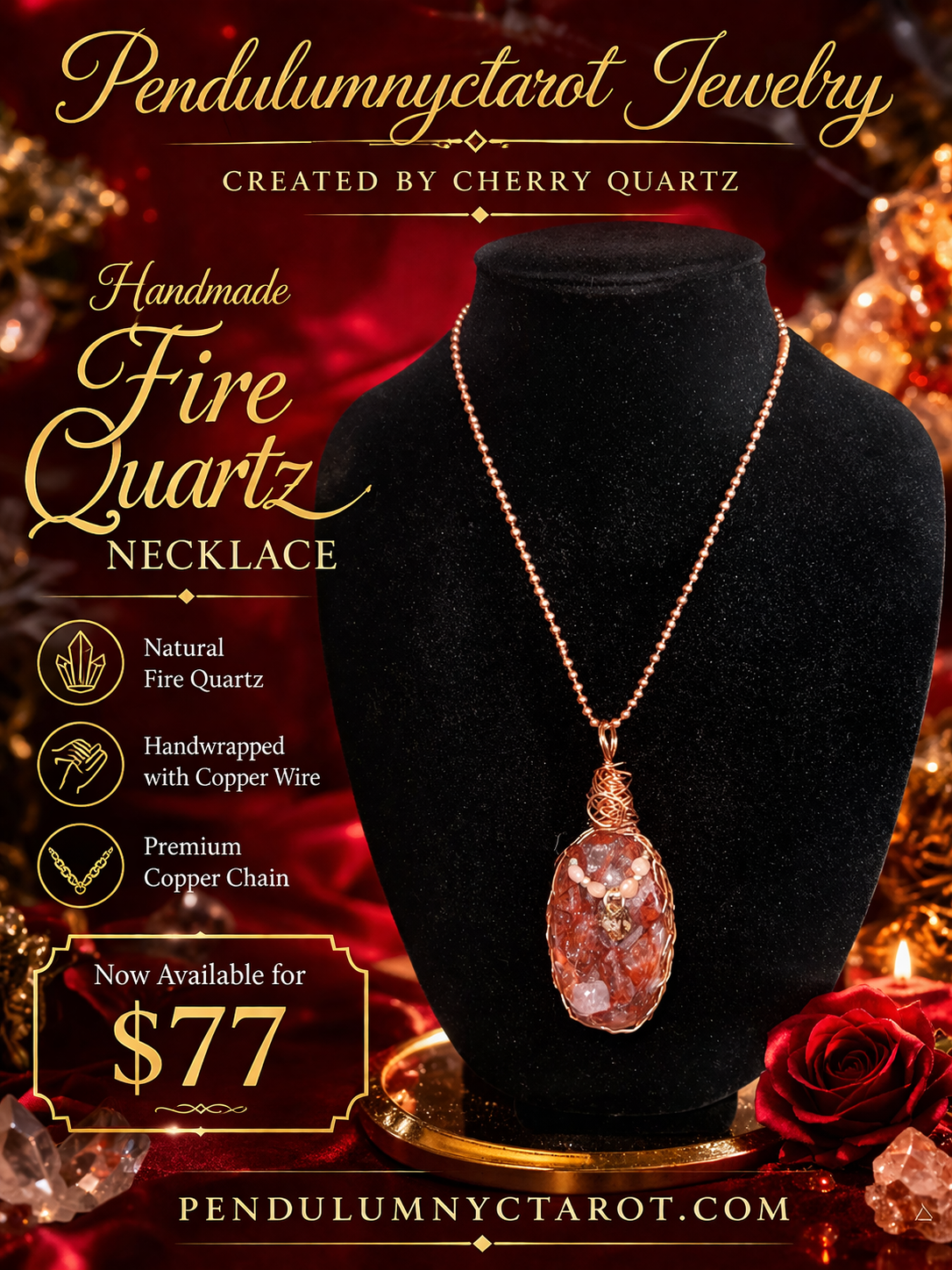 Fire Quartz Crystal Necklace – Handmade Copper Wire Wrapped Protection Pendant