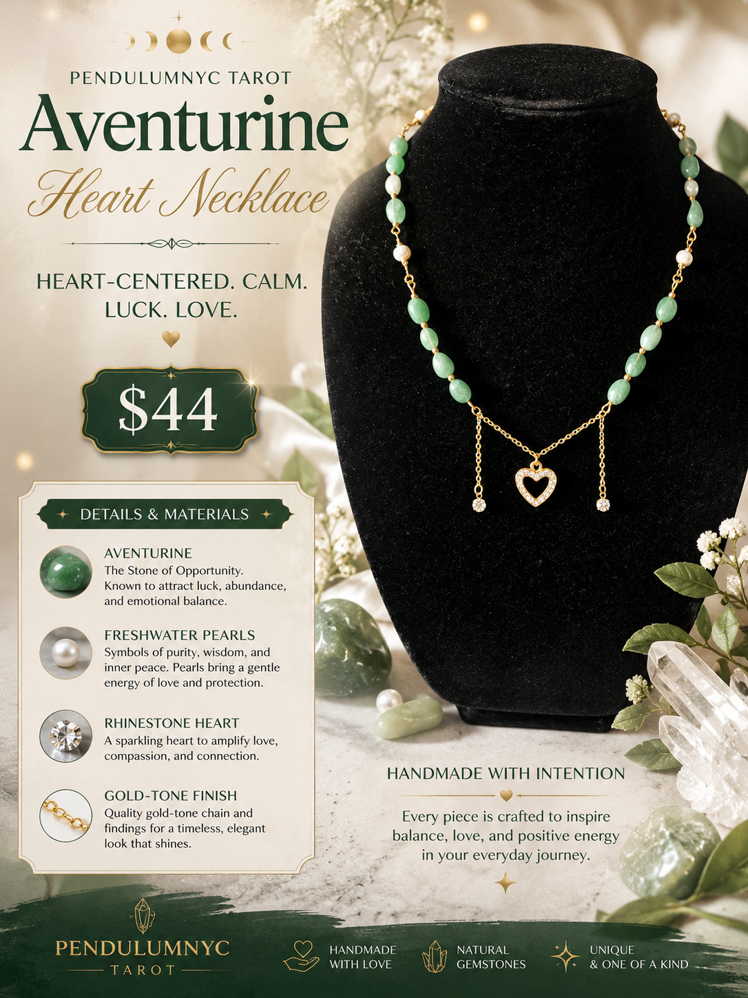 Aventurine Heart Necklace – Handmade Gemstone & Pearl Necklace