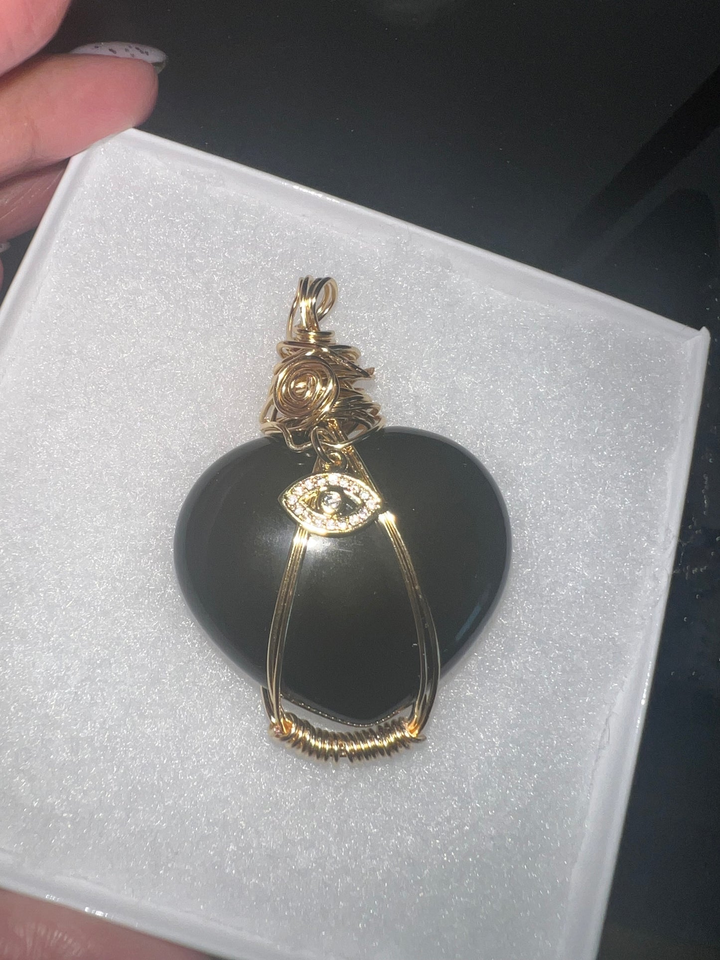 Black Obsidian Evil Eye Heart Pendant (18K Gold Wrap)
