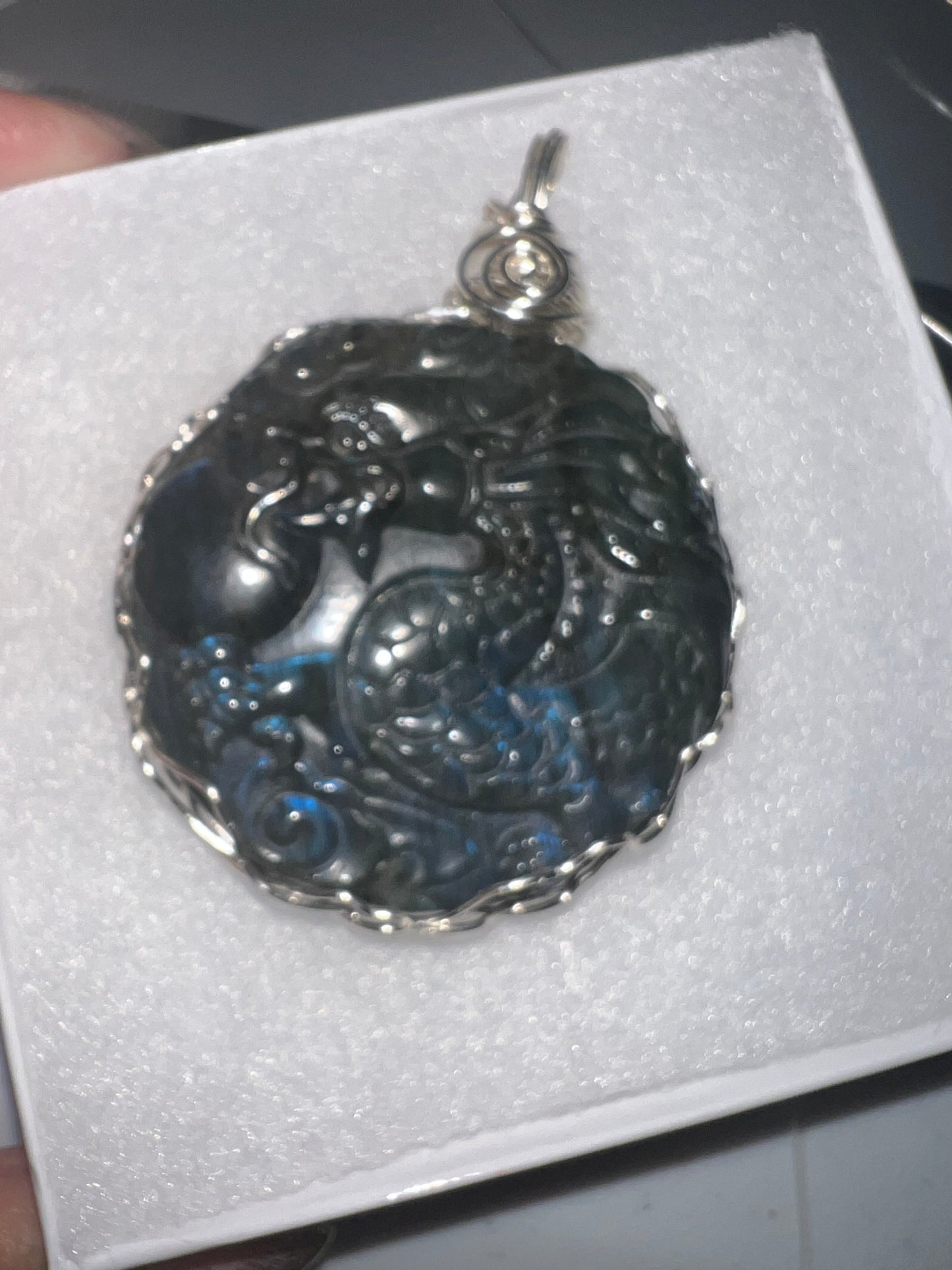 Dragon Carved Labradorite Necklace (Silver Wire Wrap)