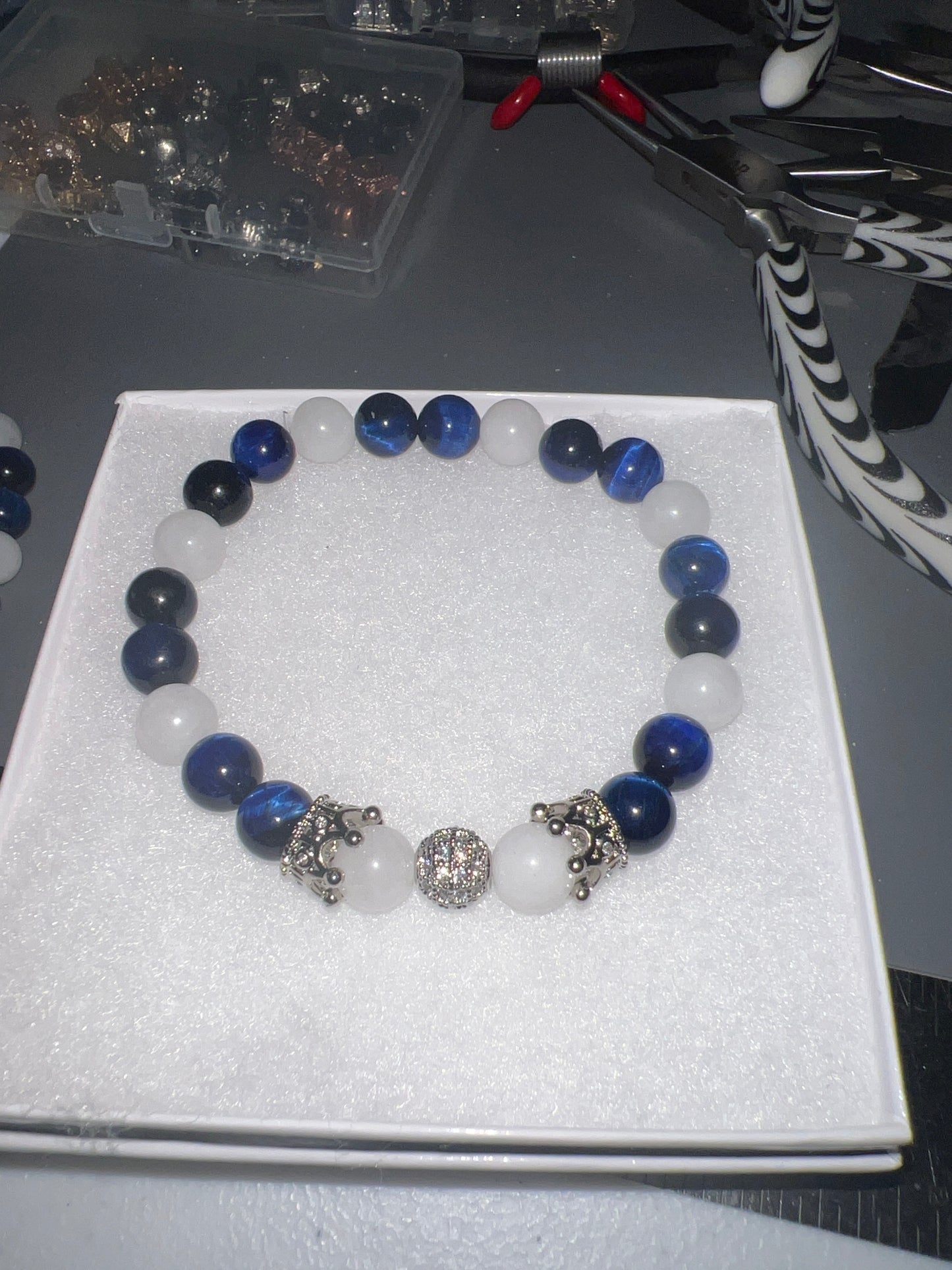 Royalty Collection — Blue Tiger’s Eye & White Jade Bracelet