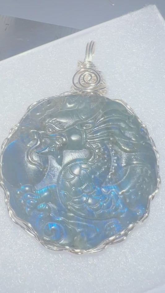 Dragon Carved Labradorite Necklace (Silver Wire Wrap)