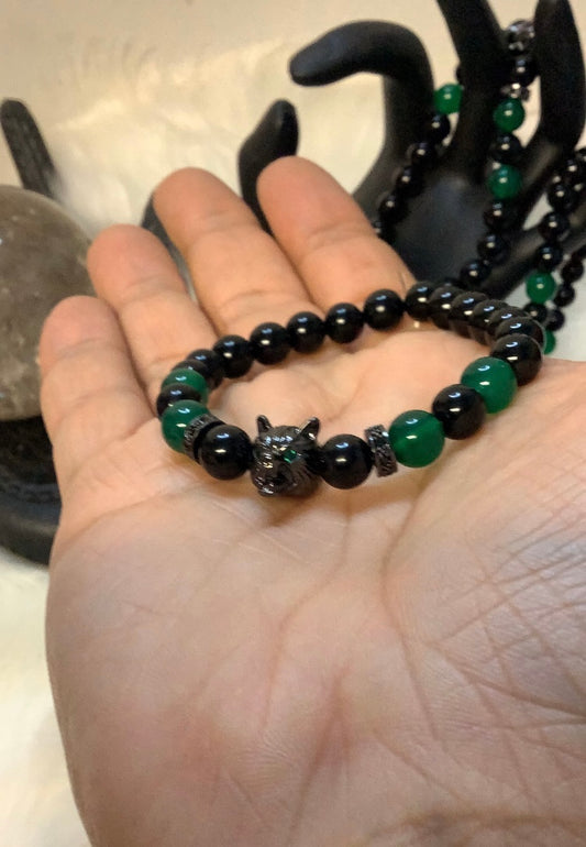 Wolf head 🐺 (crystal bracelet green onyx & black onyx )